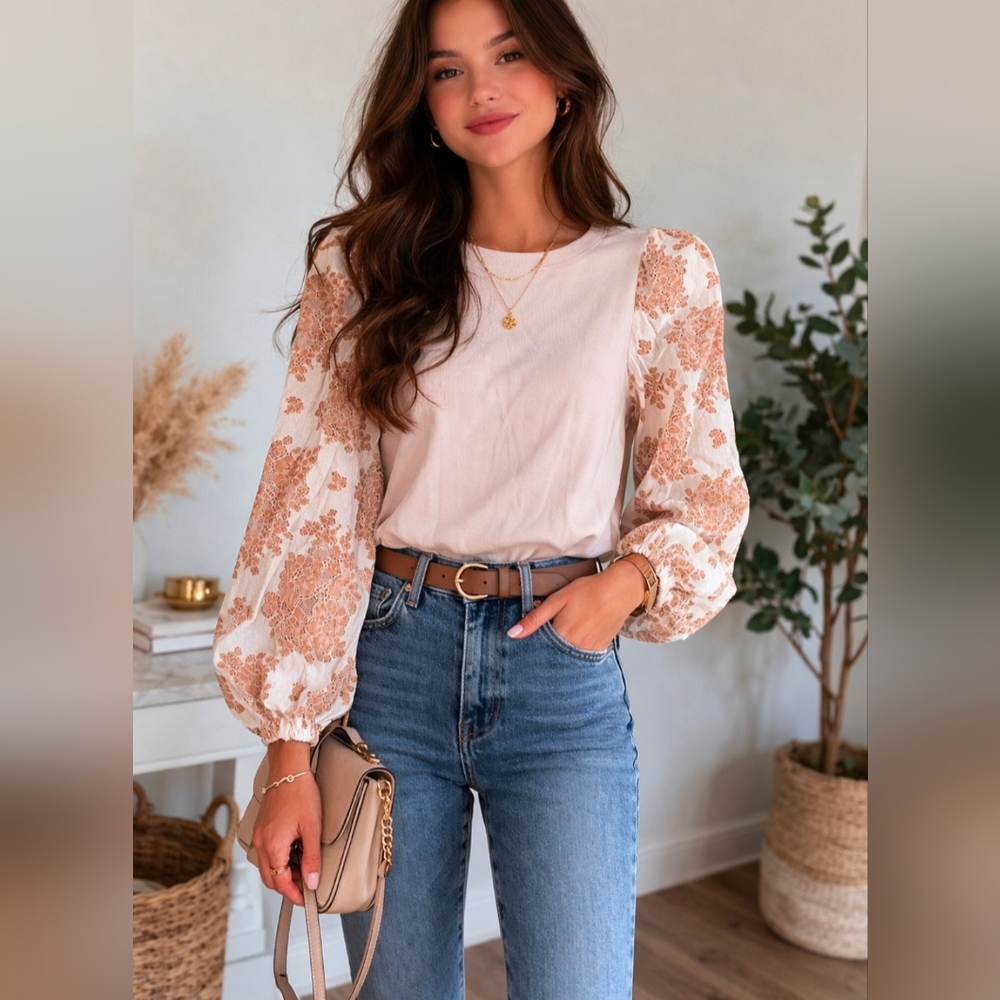 dolan Cream Top with Tan Floral Puff Sleeves
